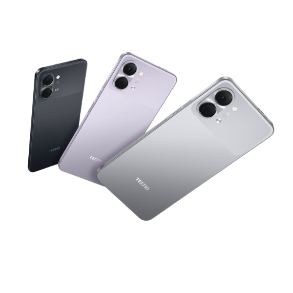 Three Tecno Spark Go 3 smartphones showing different angles on a white background