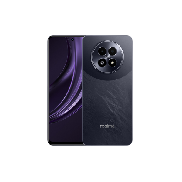 Realme smartphone with a purple and black design on a white background