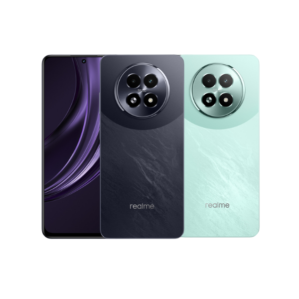 Three different color variants of a realme smartphone on a white background