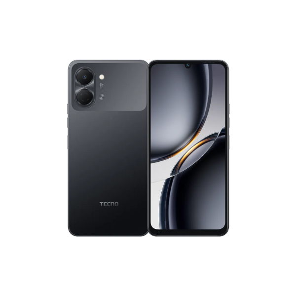 Tecno Spark Go 3 Black smartphone showing back and front views on a white background