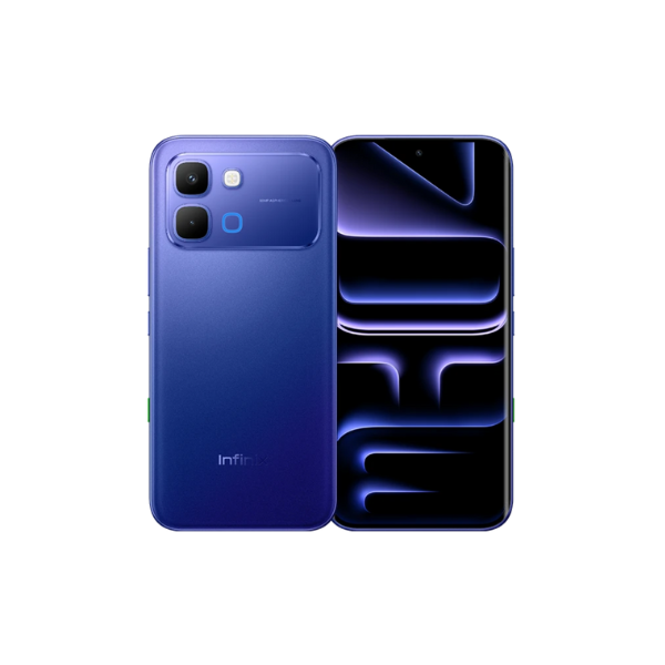 Blue Infinix Note Edge smartphone showing front and back on a white background