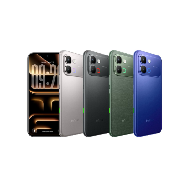 Infinix Note Edge Four smartphones in different colors on a white background