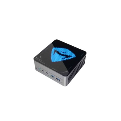 Small black Mini PC electronic device with a blue logo on a white background