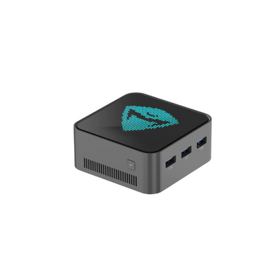 Small black electronic device with a logo on a white background