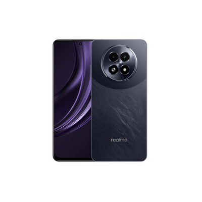 Realme smartphone with a purple and black design on a white background