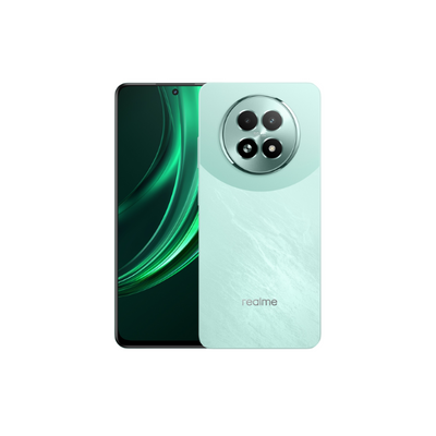 Smartphone with green screen and light blue back on a white background