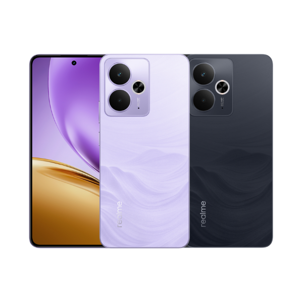 Three smartphones showing front, back, and side views on a white background