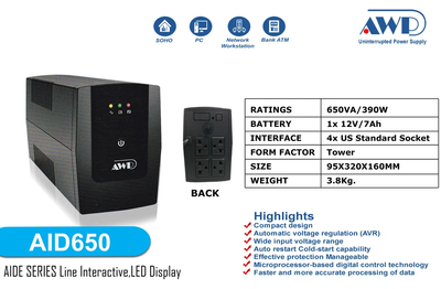 Awp Aid650/1000 ups 650VA/390W and 1000VA/600W Line Interactive UPS